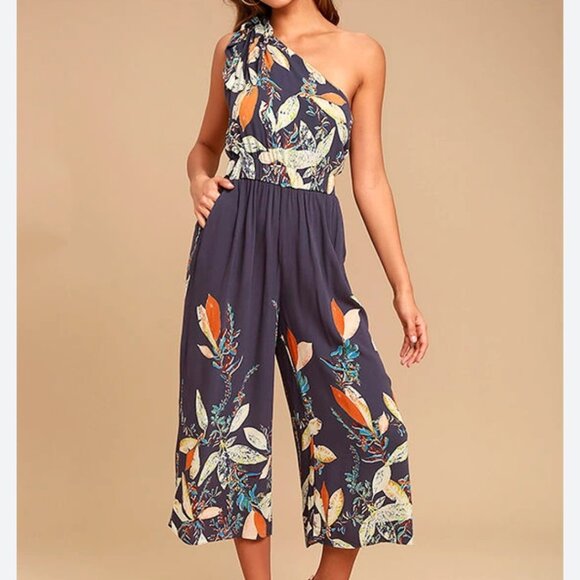 Free People Pants - Free People Women's Size Large Island Time Denim Blue Print Midi Jumpsuit